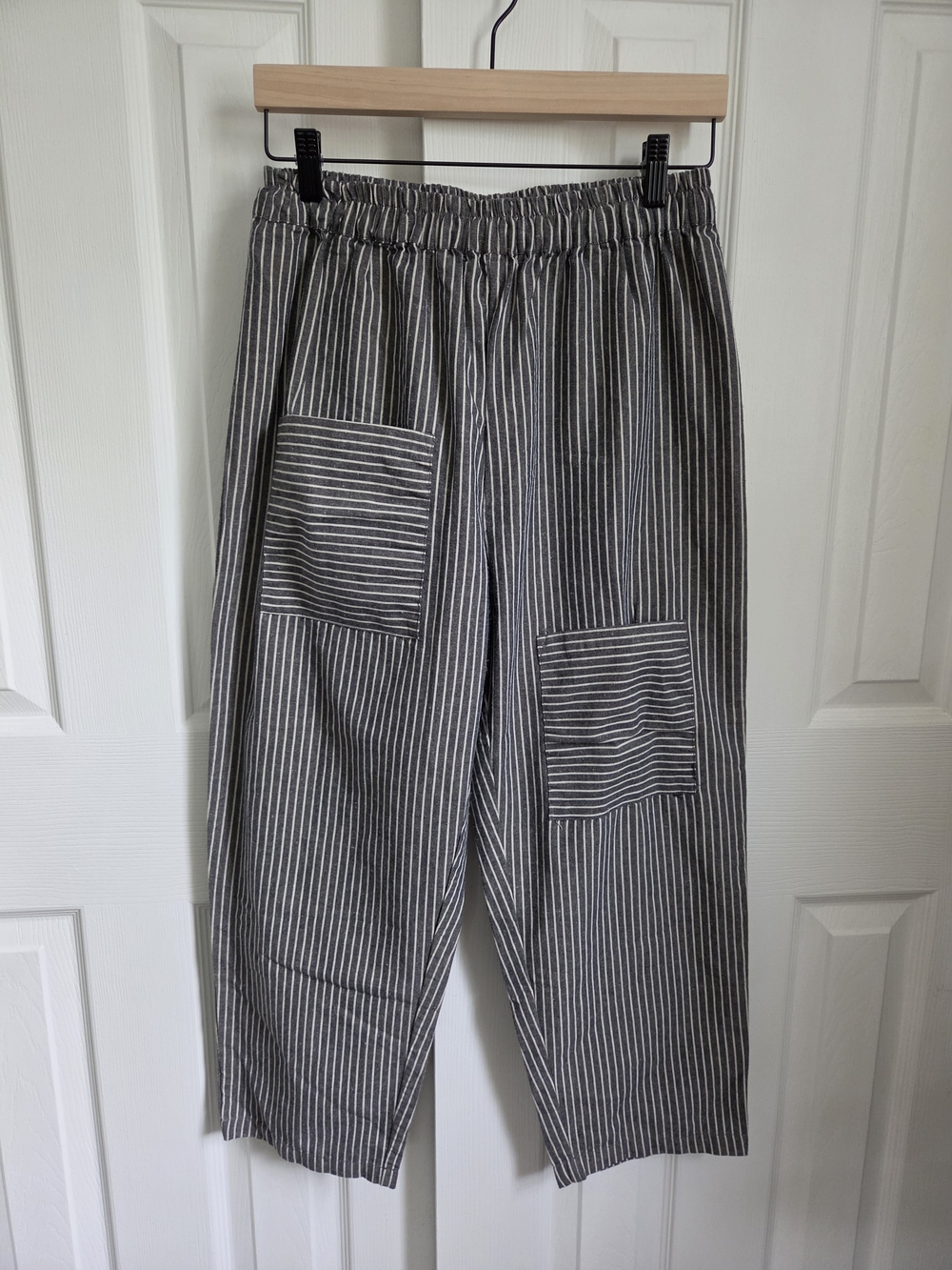 Mordenmiss Gray Striped Linen Cotton Blend Harem Pants Artsy Lagenlook, Large